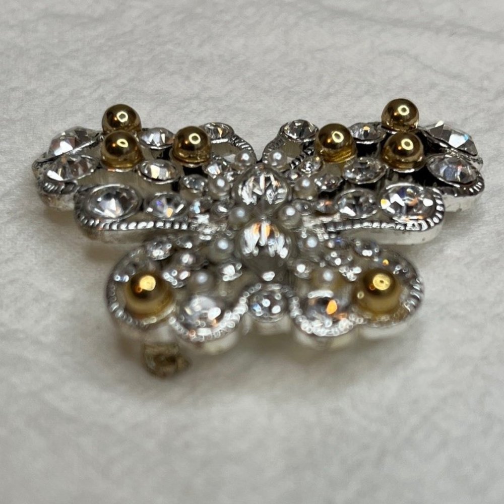 VTG Premier Designs Silver tone Butterfly Brooch with Rhinestones and Gold Beads - Picture 3 of 6